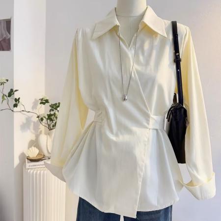 法式气质绑带收腰长袖衬衫女春秋设计感显瘦通勤衬衣韩系上衣 服裝批發女裝批發服飾貨源