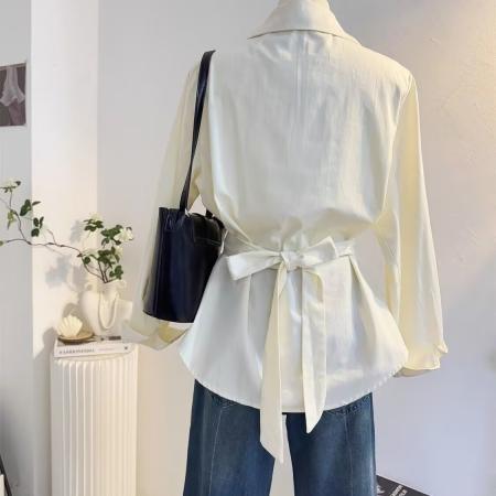 法式气质绑带收腰长袖衬衫女春秋设计感显瘦通勤衬衣韩系上衣 服裝批發女裝批發服飾貨源