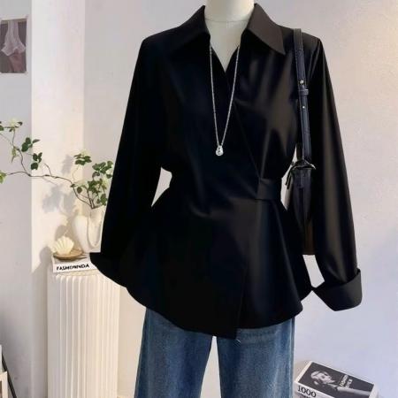 法式气质绑带收腰长袖衬衫女春秋设计感显瘦通勤衬衣韩系上衣 服裝批發女裝批發服飾貨源