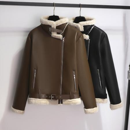 FA50471# 秋冬新款加绒加厚pu皮衣皮毛一体短款外套女羊羔毛机车服夹克 服裝批發女裝批發服飾貨源