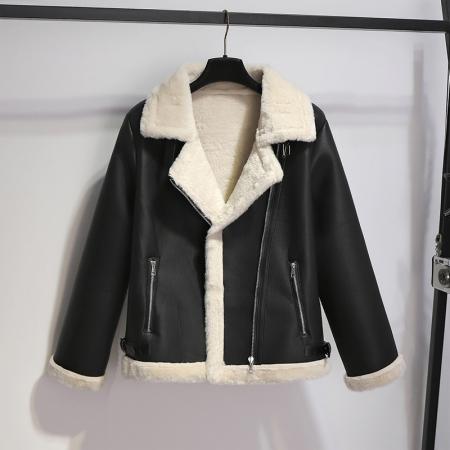 FA50471# 秋冬新款加绒加厚pu皮衣皮毛一体短款外套女羊羔毛机车服夹克 服裝批發女裝批發服飾貨源