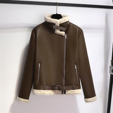 FA50471# 秋冬新款加绒加厚pu皮衣皮毛一体短款外套女羊羔毛机车服夹克 服裝批發女裝批發服飾貨源