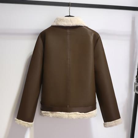 FA50471# 秋冬新款加绒加厚pu皮衣皮毛一体短款外套女羊羔毛机车服夹克 服裝批發女裝批發服飾貨源