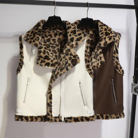 女冬款豹纹拼接立领皮草马甲外套女冬季加厚保暖皮毛一体上衣 服裝批發女裝批發服飾貨源