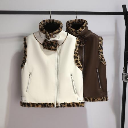 FA50472# 女冬款豹纹拼接立领皮草马甲外套女冬季加厚保暖皮毛一体上衣 服裝批發女裝批發服飾貨源