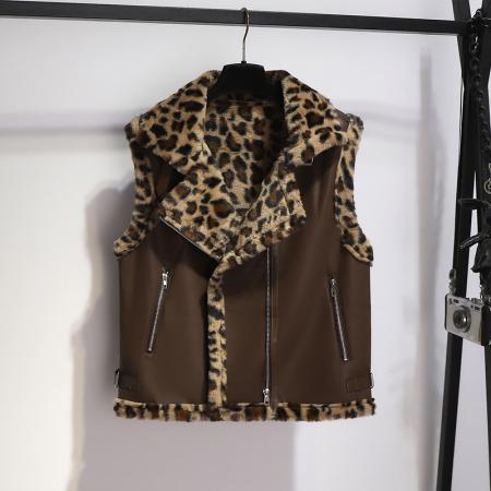 FA50472# 女冬款豹纹拼接立领皮草马甲外套女冬季加厚保暖皮毛一体上衣 服裝批發女裝批發服飾貨源
