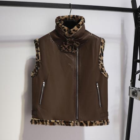 FA50472# 女冬款豹纹拼接立领皮草马甲外套女冬季加厚保暖皮毛一体上衣 服裝批發女裝批發服飾貨源