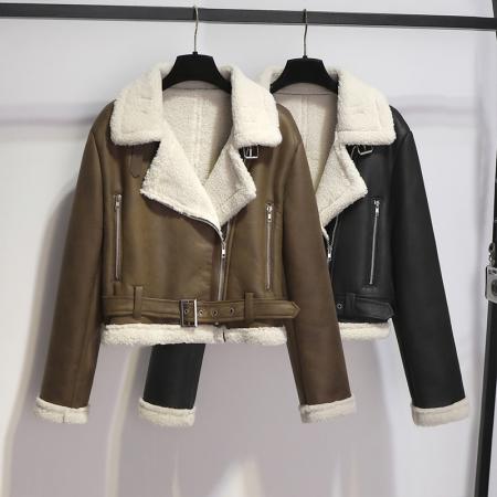 FA50473# 秋冬加厚麂皮绒皮毛一体复古羊羔毛机车夹克外套女高级感PU皮衣 服裝批發女裝批發服飾貨源