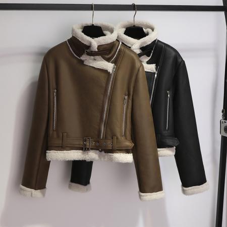 FA50473# 秋冬加厚麂皮绒皮毛一体复古羊羔毛机车夹克外套女高级感PU皮衣 服裝批發女裝批發服飾貨源