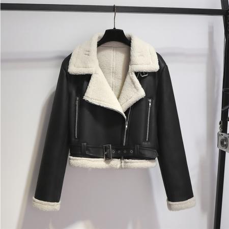 FA50473# 秋冬加厚麂皮绒皮毛一体复古羊羔毛机车夹克外套女高级感PU皮衣 服裝批發女裝批發服飾貨源