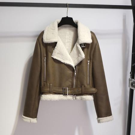 FA50473# 秋冬加厚麂皮绒皮毛一体复古羊羔毛机车夹克外套女高级感PU皮衣 服裝批發女裝批發服飾貨源