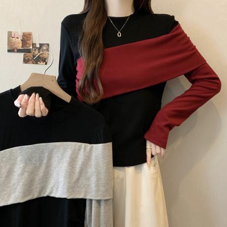 大码胖mm撞色内搭打底衫长袖T恤女秋冬显瘦时尚洋气上衣 服裝批發女裝批發服飾貨源