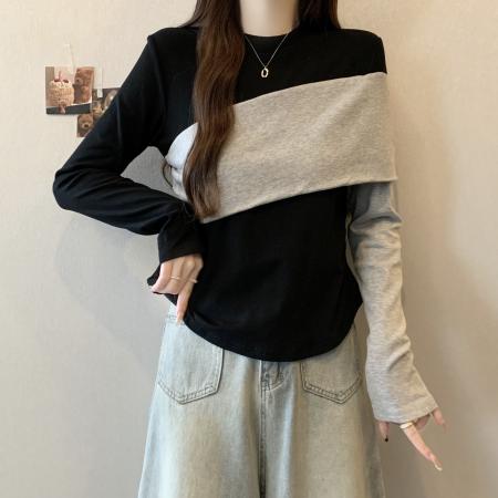 大码胖mm撞色内搭打底衫长袖T恤女秋冬显瘦时尚洋气上衣 服裝批發女裝批發服飾貨源