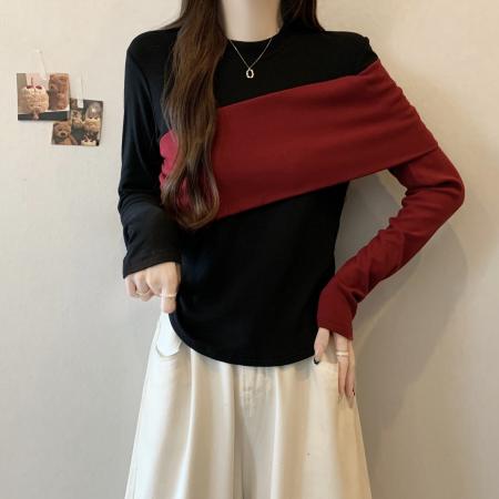 大码胖mm撞色内搭打底衫长袖T恤女秋冬显瘦时尚洋气上衣 服裝批發女裝批發服飾貨源