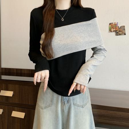 大码胖mm撞色内搭打底衫长袖T恤女秋冬显瘦时尚洋气上衣 服裝批發女裝批發服飾貨源