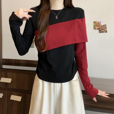 大码胖mm撞色内搭打底衫长袖T恤女秋冬显瘦时尚洋气上衣 服裝批發女裝批發服飾貨源