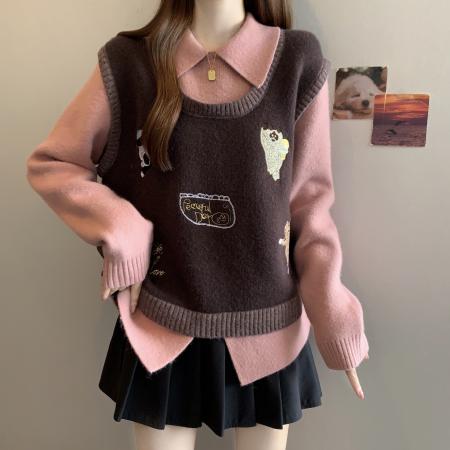 大码咖色翻领毛衣胖mm假两件针织衫女秋冬显瘦遮肉上衣 服裝批發女裝批發服飾貨源