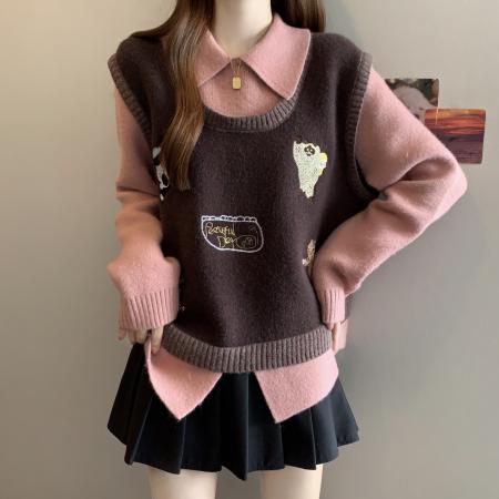 大码咖色翻领毛衣胖mm假两件针织衫女秋冬显瘦遮肉上衣 服裝批發女裝批發服飾貨源