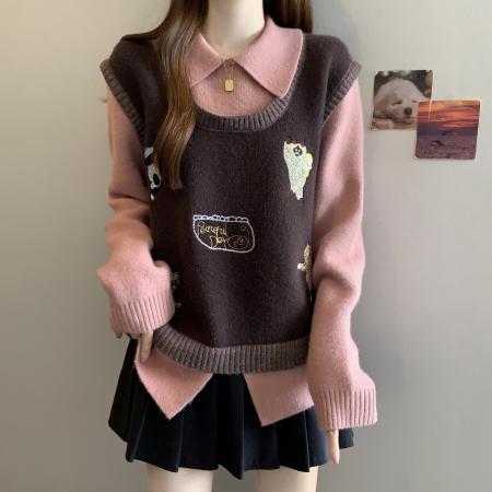 大码咖色翻领毛衣胖mm假两件针织衫女秋冬显瘦遮肉上衣 服裝批發女裝批發服飾貨源