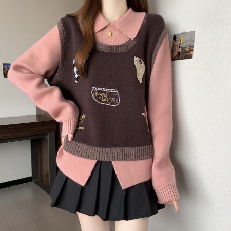 大码咖色翻领毛衣胖mm假两件针织衫女秋冬显瘦遮肉上衣 服裝批發女裝批發服飾貨源