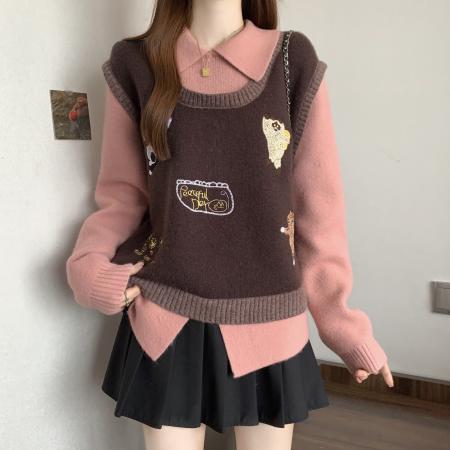 大码咖色翻领毛衣胖mm假两件针织衫女秋冬显瘦遮肉上衣 服裝批發女裝批發服飾貨源