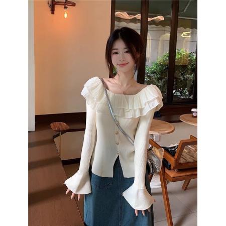 韩系纯欲辣妹一字肩长袖针织衫女早秋新款气质修身撞色上衣潮 服裝批發女裝批發服飾貨源