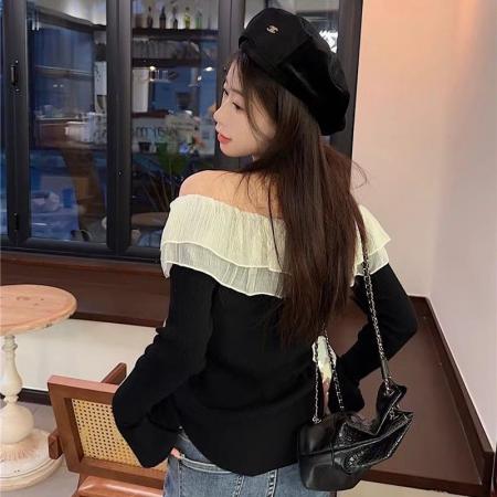 韩系纯欲辣妹一字肩长袖针织衫女早秋新款气质修身撞色上衣潮 服裝批發女裝批發服飾貨源