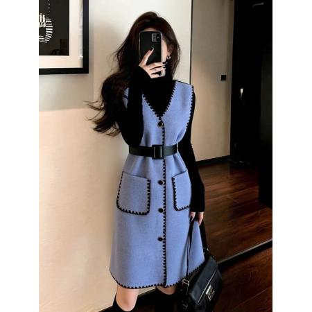 巨好看的秋冬装轻奢高级感气质收腰小香风蓝色针织背心连衣裙 服裝批發女裝批發服飾貨源