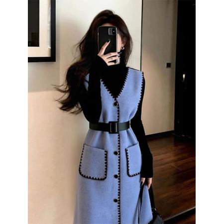 巨好看的秋冬装轻奢高级感气质收腰小香风蓝色针织背心连衣裙 服裝批發女裝批發服飾貨源