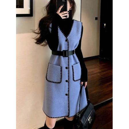 巨好看的秋冬装轻奢高级感气质收腰小香风蓝色针织背心连衣裙 服裝批發女裝批發服飾貨源