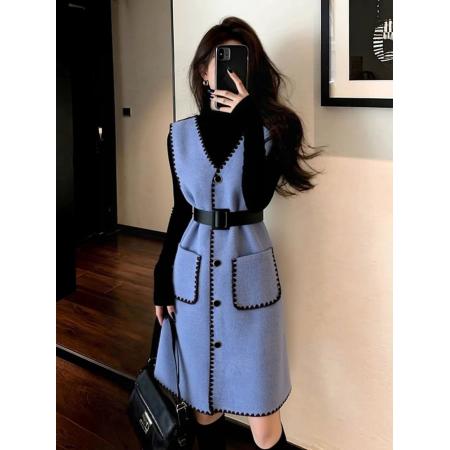 巨好看的秋冬装轻奢高级感气质收腰小香风蓝色针织背心连衣裙 服裝批發女裝批發服飾貨源