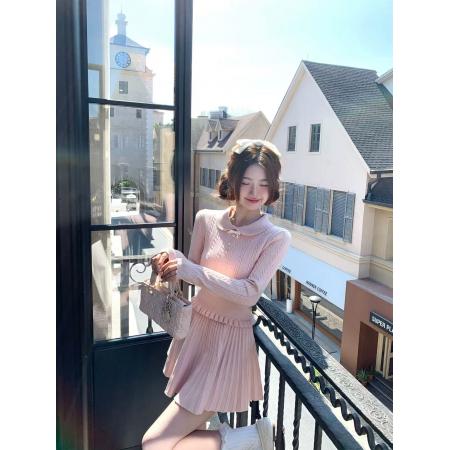 Q女家进修校花/千金感粉色长袖上衣针织毛衣超好看秋冬裙子套装 服裝批發女裝批發服飾貨源