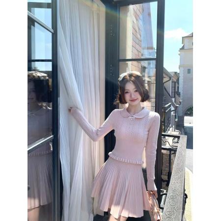 Q女家进修校花/千金感粉色长袖上衣针织毛衣超好看秋冬裙子套装 服裝批發女裝批發服飾貨源