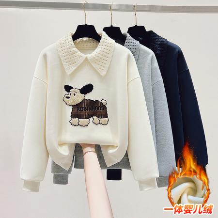 冬季时尚贴布绣娃娃领卫衣加绒假两件上衣 服裝批發女裝批發服飾貨源