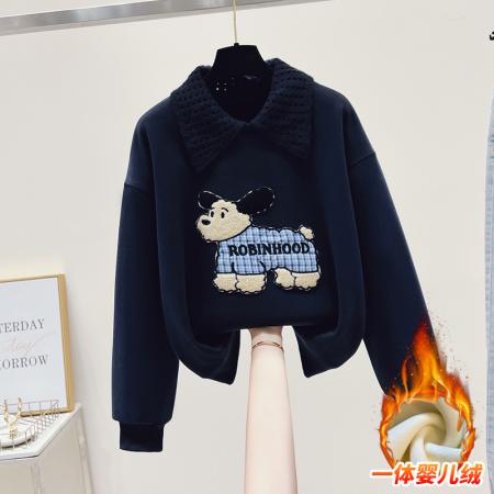 冬季时尚贴布绣娃娃领卫衣加绒假两件上衣 服裝批發女裝批發服飾貨源