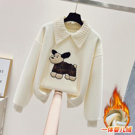 冬季时尚贴布绣娃娃领卫衣加绒假两件上衣 服裝批發女裝批發服飾貨源