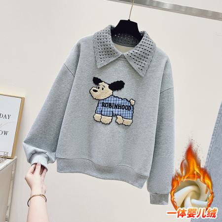 冬季时尚贴布绣娃娃领卫衣加绒假两件上衣 服裝批發女裝批發服飾貨源