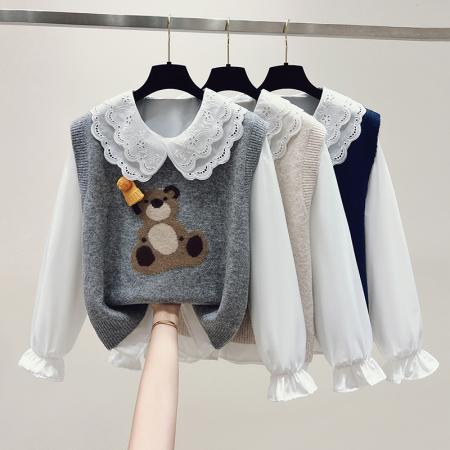 学院风两件套毛线小熊娃娃领毛衣套装 服裝批發女裝批發服飾貨源