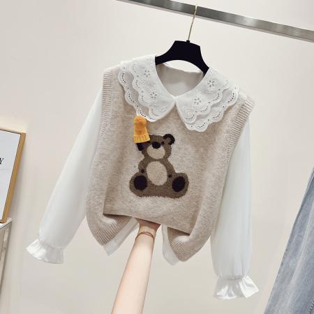 学院风两件套毛线小熊娃娃领毛衣套装 服裝批發女裝批發服飾貨源