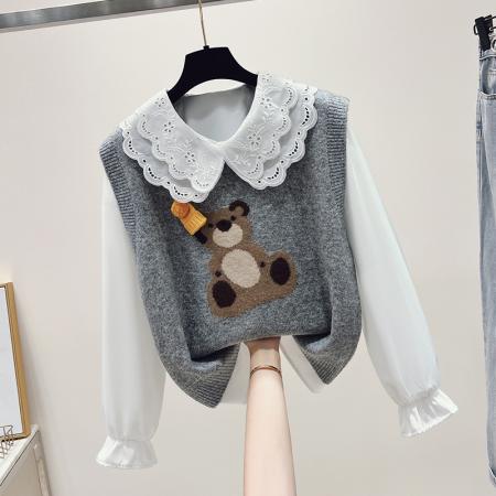 学院风两件套毛线小熊娃娃领毛衣套装 服裝批發女裝批發服飾貨源