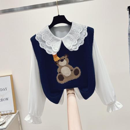 学院风两件套毛线小熊娃娃领毛衣套装 服裝批發女裝批發服飾貨源