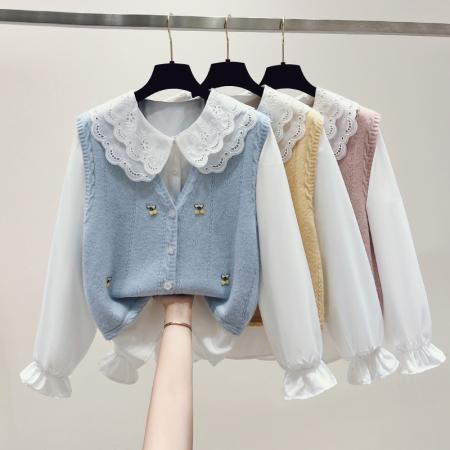 新款学院风两件套小清新娃娃领毛衣套装 服裝批發女裝批發服飾貨源