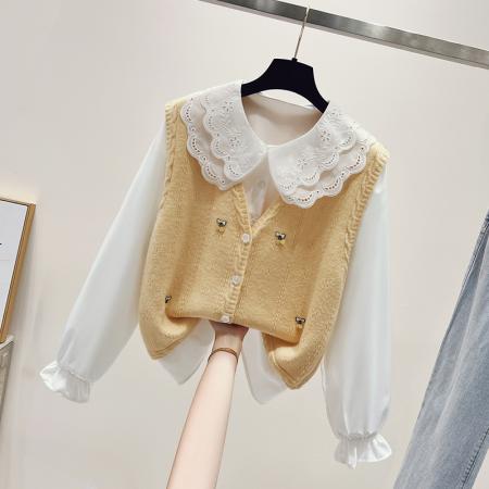 新款学院风两件套小清新娃娃领毛衣套装 服裝批發女裝批發服飾貨源