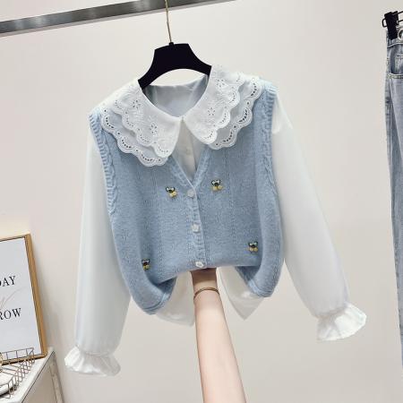 新款学院风两件套小清新娃娃领毛衣套装 服裝批發女裝批發服飾貨源