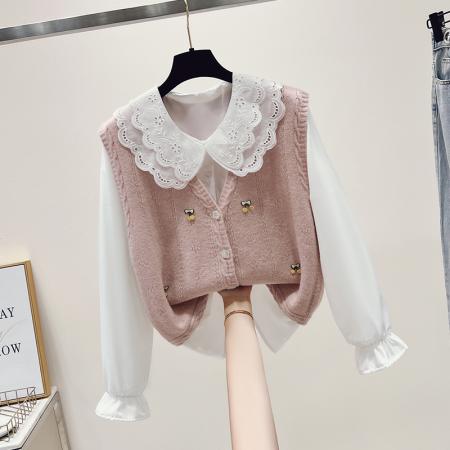 新款学院风两件套小清新娃娃领毛衣套装 服裝批發女裝批發服飾貨源