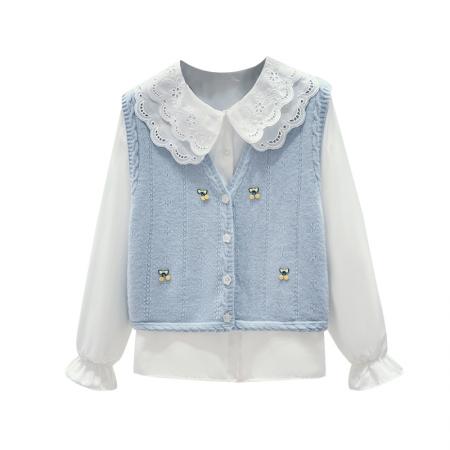 新款学院风两件套小清新娃娃领毛衣套装 服裝批發女裝批發服飾貨源