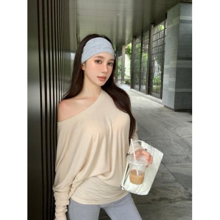 莫代尔人棉褶皱斜肩长袖T恤女独特修身显瘦露肩上衣 服裝批發女裝批發服飾貨源