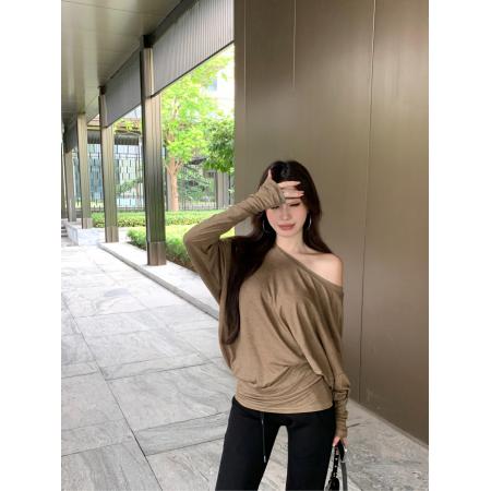 莫代尔人棉褶皱斜肩长袖T恤女独特修身显瘦露肩上衣 服裝批發女裝批發服飾貨源