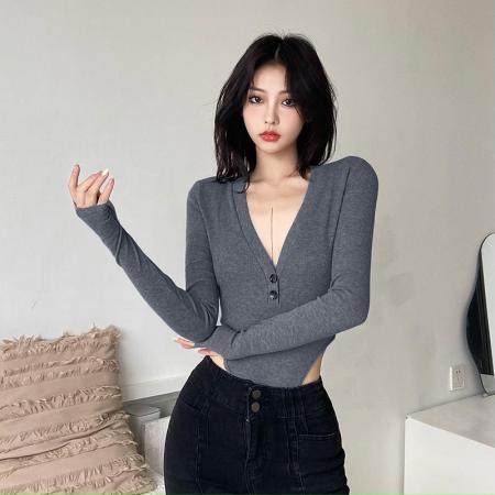 莫代尔人棉新款辣妹深V领正肩长袖T恤连体衣秋 服裝批發女裝批發服飾貨源