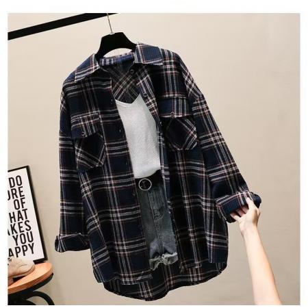 秋季新款大码女装格子衬衫时尚百搭休闲宽松衬衣格子衬衫 服裝批發女裝批發服飾貨源